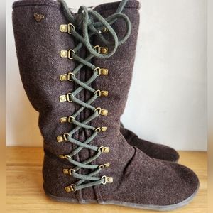 Roxy Wool Boots Boho Lace-up Fur Brass 7.5 Brown
